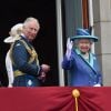 Le prince Charles, Camilla Parker Bowles, duchesse de Cornouailles, la reine Elisabeth II d'Angleterre - La famille royale d'Angleterre lors de la parade aérienne de la RAF pour le centième anniversaire au palais de Buckingham à Londres. Le 10 juillet 2018