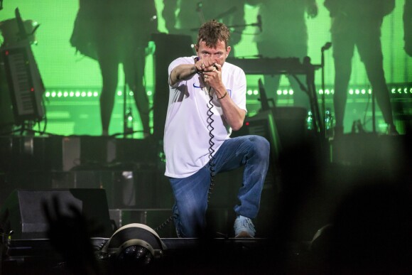Damon Albarn et son groupe Gorillaz, avec également le rappeur Del The Funky Homosapien en concert sur la scène du Orange Stage lors du festival de Roskilde au Danemark, le 7 juillet 2018.