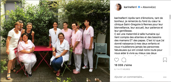 Karine Ferri remercie le personnel médical de la clinique Saint-Grégoire à Rennes sur Instagram le 31 juillet 2018.