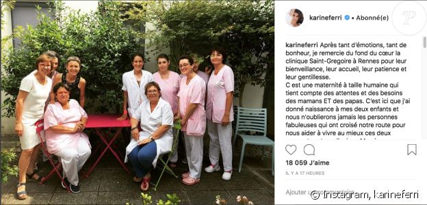 Karine Ferri remercie le personnel médical de la clinique Saint-Grégoire à Rennes sur Instagram le 31 juillet 2018.
