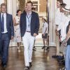 Le prince Joachim de Danemark avait avec lui ses fils le prince Henrik (avec le panama) et le prince Felix (en arrière-plan) lors de la réception pour le Grand Prix Historique de Copenhague à l'Hôtel de Ville de la capitale danoise le 3 août 2018.