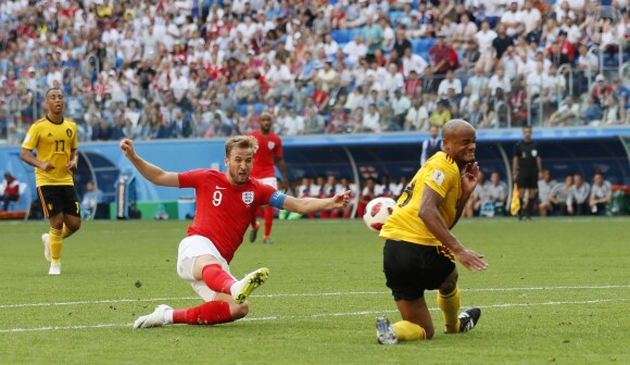 Harry Kane lors du match Belgique - Angleterre pour la 3e place de la Coupe du monde de football. Saint-Pétersbourg, le 14 juillet 2018.
