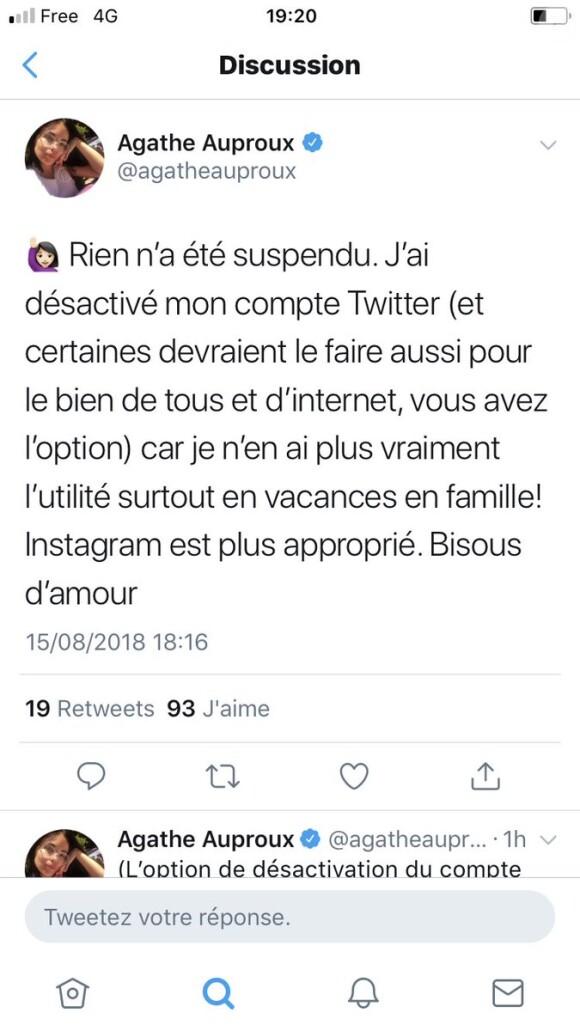 Agathe Auproux ("Touche pas à mon poste") a décidé de désactiver son compte Twitter le 15 août 2018.