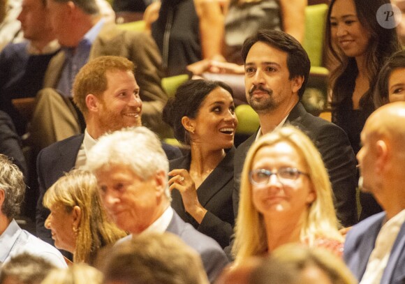 Le prince Harry, duc de Sussex et Meghan Markle, duchesse de Sussex, assistent à la comédie musicale "Hamilton" au théâtre Victoria Palace à Londres le 29 août 2018.
