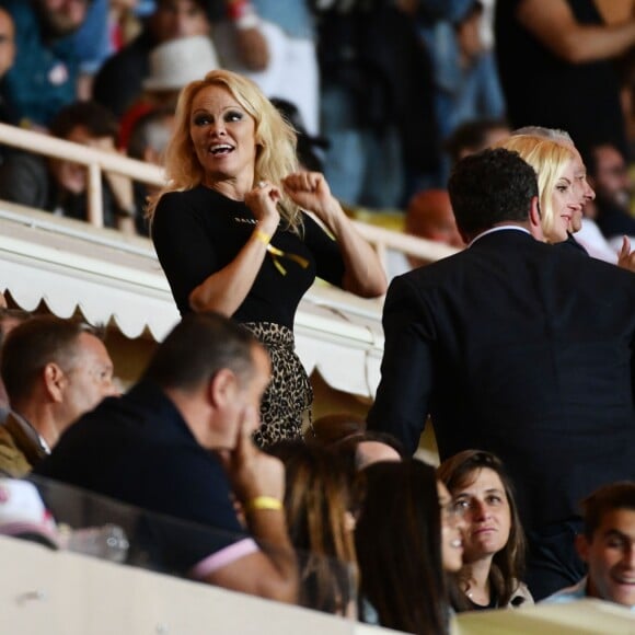 Exclusif - Pamela Anderson, compagne d'Adil Rami, lors du match de Ligue 1 entre l'AS Monaco et l'Olympique de Marseille au stade Louis II le 2 septembre 2018. © Bruno Bebert/Bestimage