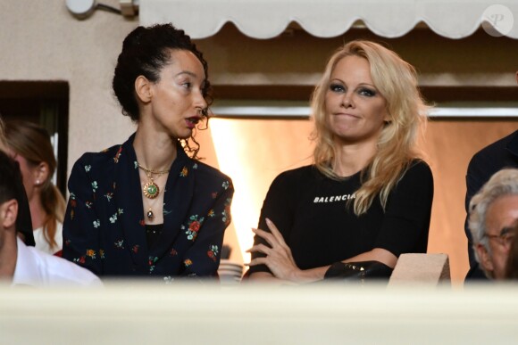 Exclusif - Pamela Anderson, compagne d'Adil Rami, lors du match de Ligue 1 entre l'AS Monaco et l'Olympique de Marseille au stade Louis II le 2 septembre 2018. © Bruno Bebert/Bestimage