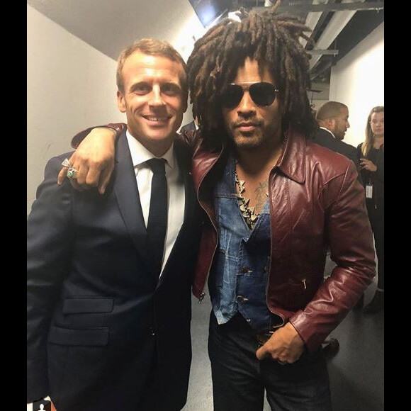 Lenny Kravitz a rencontré Emmanuel Macron dans les coulisses du concert de U2 donné à l'AccorHotels Arena, à Paris, le 13 septembre 2018.