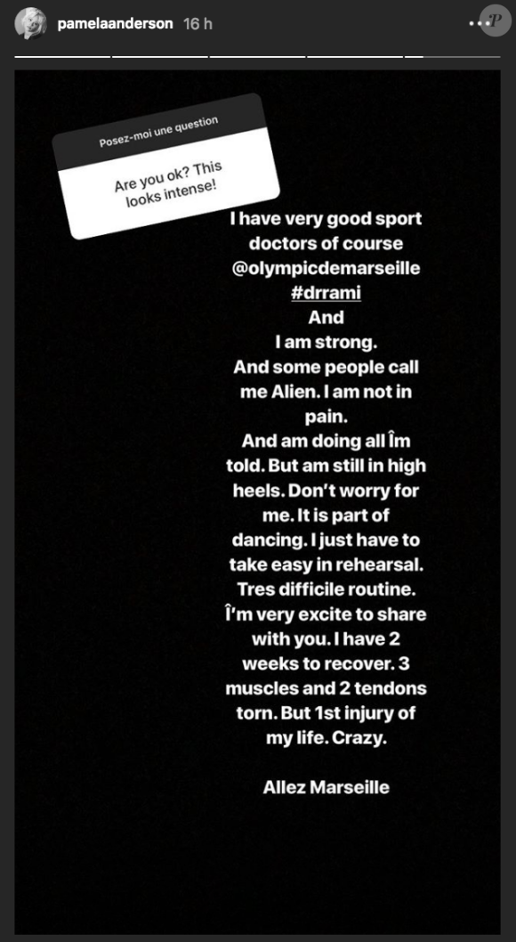 Pamela Anderson se confie sur ses blessures après ses premières répétitions dans "Danse avec les stars 9" sur Instagram le 16 septembre 2018.