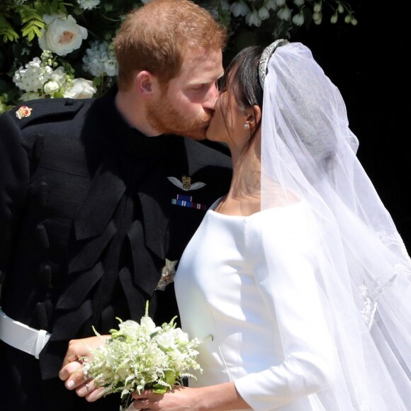 Le prince Harry, duc de Sussex, et Meghan Markle, duchesse de Sussex, à la sortie de chapelle St. George au château de Windsor - Sortie après la cérémonie de mariage du prince Harry et de Meghan Markle en la chapelle Saint-George au château de Windsor, Royaume Uni, le 19 mai 2018.