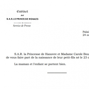 La princesse Caroline et Carole Bouquet confirment la naissance du deuxième enfant de Charlotte Casiraghi, le 23 octobre 2018.