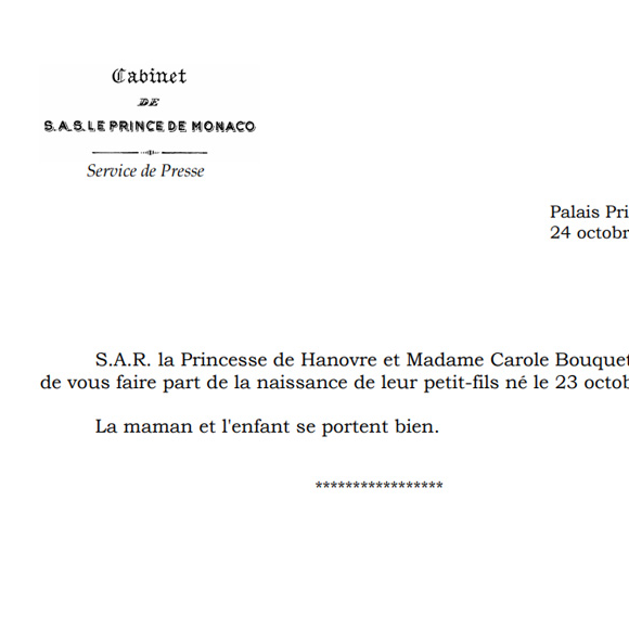 La princesse Caroline et Carole Bouquet confirment la naissance du deuxième enfant de Charlotte Casiraghi, le 23 octobre 2018.