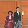 La princesse Ayako de Takamado a célébré le 29 octobre 2018 son mariage avec Kei Moriya au sanctuaire Meiju à Tokyo. Ici, le couple ressort du temple après la cérémonie privée.