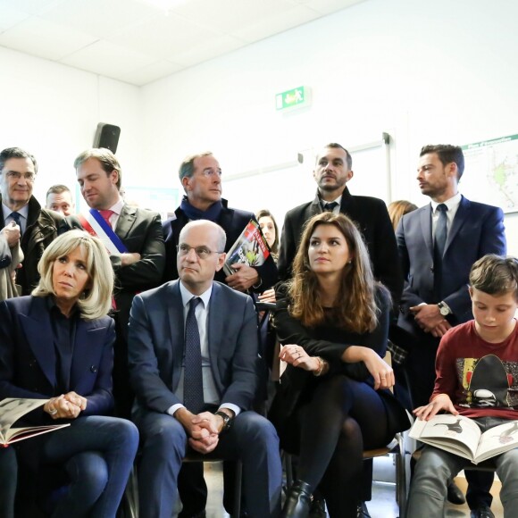 La première dame, Brigitte Macron, Jean-Michel Blanquer, ministre de l'éducation, Marlène Schiappa, secrétaire d'Etat, chargée de l'Egalité des femmes et des hommes se rendent au collège des petits ponts à Clamart, pour évoquer la lutte contre le harcèlement à l'école sous toutes ses formes à Clamart. Le 15 novembre 2018. © Stéphane Lemouton / Bestimage