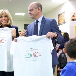 La première dame, Brigitte Macron, Jean-Michel Blanquer, ministre de l'éducation, Marlène Schiappa, secrétaire d'Etat, chargée de l'Egalité des femmes et des hommes se rendent au collège des petits ponts à Clamart, pour évoquer la lutte contre le harcèlement à l'école sous toutes ses formes à Clamart. Le 15 novembre 2018. © Stéphane Lemouton / Bestimage