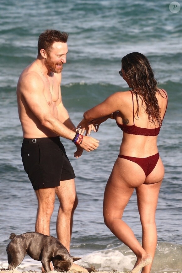 David Guetta et sa compagne Jessica Ledon, qui porte un diamant à l'annulaire gauche, passent du bon temps sur la plage en compagnie de leur petit chien. Miami, le 23 novembre 2018.