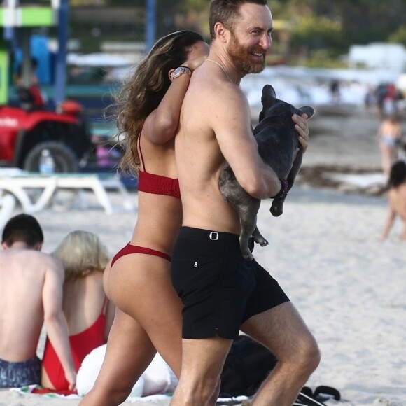 David Guetta et sa compagne Jessica Ledon, qui porte un diamant à l'annulaire gauche, passent du bon temps sur la plage en compagnie de leur petit chien. Miami, le 23 novembre 2018.