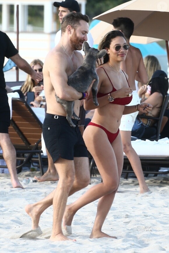 David Guetta et sa compagne Jessica Ledon, qui porte un diamant à l'annulaire gauche, passent du bon temps sur la plage en compagnie de leur petit chien. Miami, le 23 novembre 2018.