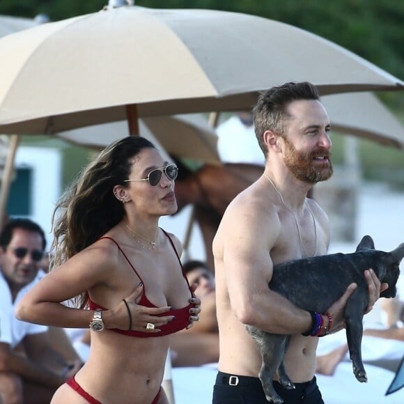 David Guetta et sa compagne Jessica Ledon, qui porte un diamant à l'annulaire gauche, passent du bon temps sur la plage en compagnie de leur petit chien. Miami, le 23 novembre 2018.