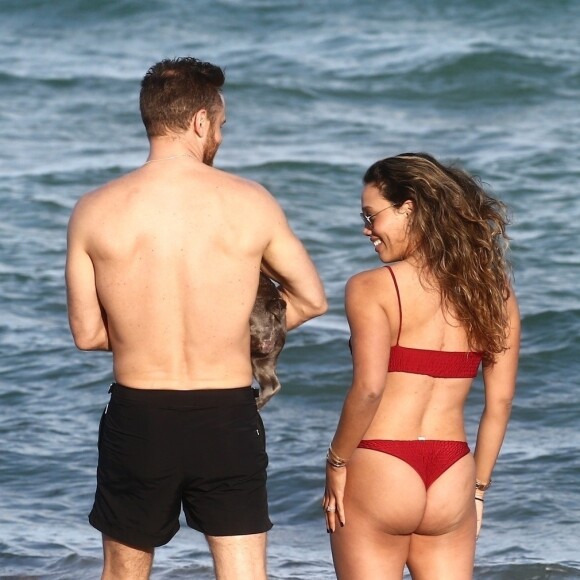 David Guetta et sa compagne Jessica Ledon, qui porte un diamant à l'annulaire gauche, passent du bon temps sur la plage en compagnie de leur petit chien. Miami, le 23 novembre 2018.