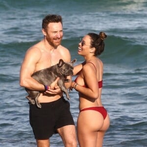 David Guetta et sa compagne Jessica Ledon, qui porte un diamant à l'annulaire gauche, passent du bon temps sur la plage en compagnie de leur petit chien. Miami, le 23 novembre 2018.