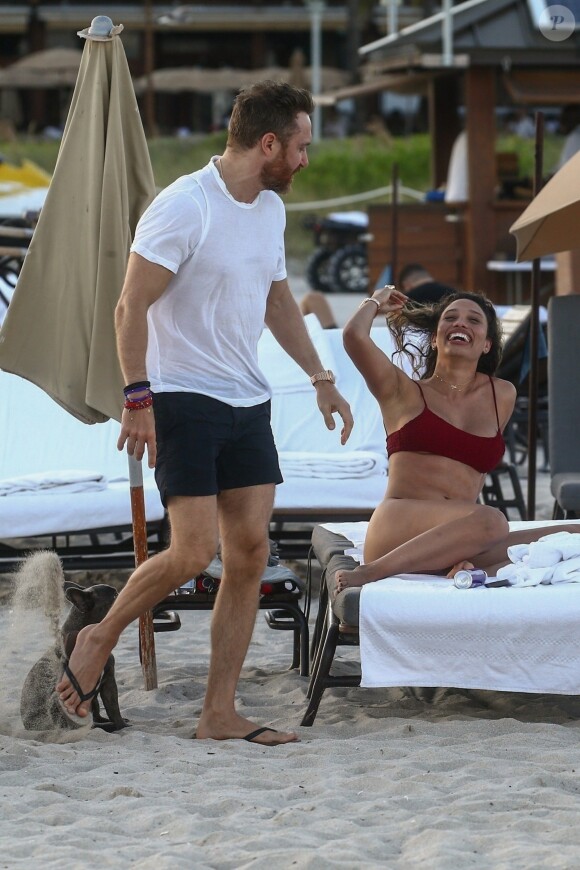 David Guetta et sa compagne Jessica Ledon, qui porte un diamant à l'annulaire gauche, passent du bon temps sur la plage en compagnie de leur petit chien. Miami, le 23 novembre 2018.