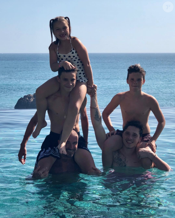 David Beckham et ses quatre enfants. Août 2018.