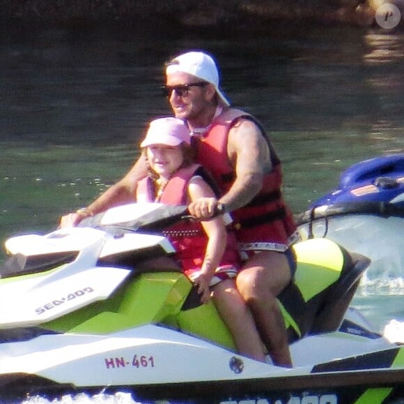 Exclusif - David Beckham et sa femme Victoria profitent de leurs enfants Brooklyn, Romeo, Cruz et Harper lors d'un séjour au Monténégro. David et les enfants font du jet ski, le 17 juillet 2018.