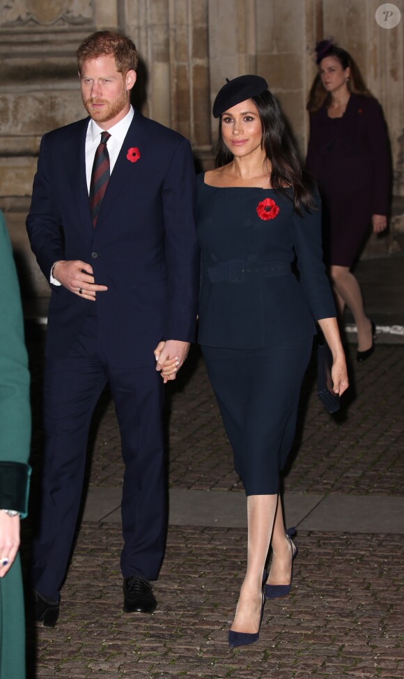 Le prince Harry, duc de Sussex, et Meghan Markle (enceinte), duchesse de Sussex, à l'abbaye de Westminster lors du service commémoratif pour le centenaire de la fin de la Première Guerre mondiale à Londres le 11 novembre 2018