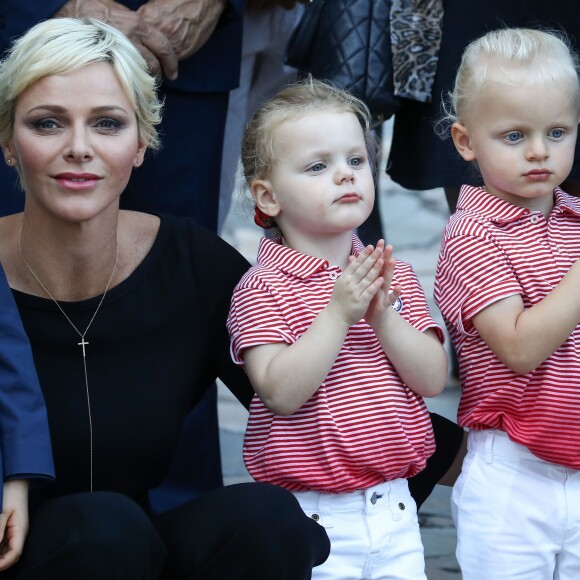 De gauche à droite, le fils de Jean Leonard de Massy, Melchior, la princesse Charlene de Monaco, la princesse Gabriella et le prince Jacques durant le traditionnel pique-nique des monégasques au parc Princesse Antoinette à Monaco le 1er septembre 2017. © Olivier Huitel/Pool