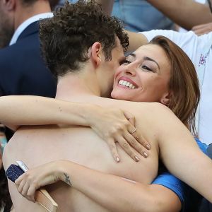 L'ex-Miss France Rachel Legrain-Trapani félicite son compagnon Benjamin Pavard après la victoire de la France face à l'Argentine lors des 8ème de finale de la Coupe du monde à Kazan en Russie le 30 juin 2018. © Cyril Moreau/Bestimage