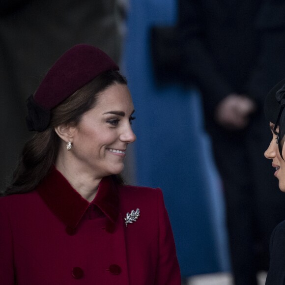 Catherine Kate Middleton, la duchesse de Cambridge et Meghan Markle, la duchesse de Sussex enceinte - La famille royale britannique se rend à la messe de Noël à l'église Sainte-Marie-Madeleine à Sandringham, le 25 décembre 2018.