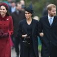  Le prince William et son épouse Kate Middleton, le prince Harry et son épouse Meghan Markle, réunis avec le prince Charles pour Noël à Sandringham, dans le Norfolk, le 25 décembre 2018. 