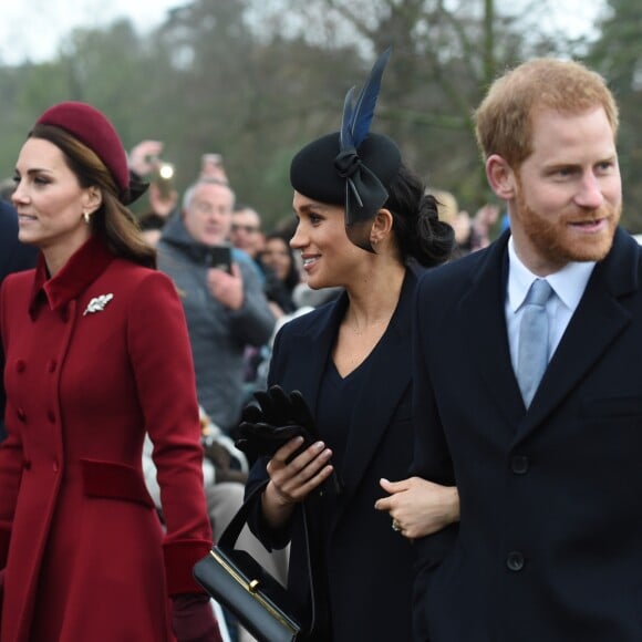 Le prince William et son épouse Kate Middleton, le prince Harry et son épouse Meghan Markle, réunis avec le prince Charles pour Noël à Sandringham, dans le Norfolk, le 25 décembre 2018.