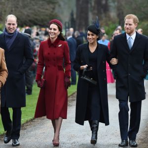 Le prince William et son épouse Kate Middleton, le prince Harry et son épouse Meghan Markle, réunis avec le prince Charles pour Noël à Sandringham, dans le Norfolk, le 25 décembre 2018.