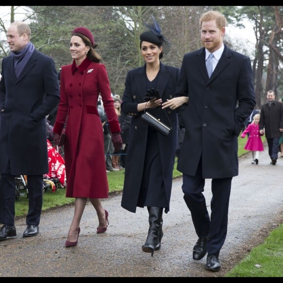 Le prince William et son épouse Kate Middleton, le prince Harry et son épouse Meghan Markle, réunis avec le prince Charles pour Noël à Sandringham, dans le Norfolk, le 25 décembre 2018.