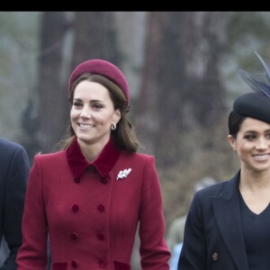 Le prince William et son épouse Kate Middleton, le prince Harry et son épouse Meghan Markle, réunis avec le prince Charles pour Noël à Sandringham, dans le Norfolk, le 25 décembre 2018.