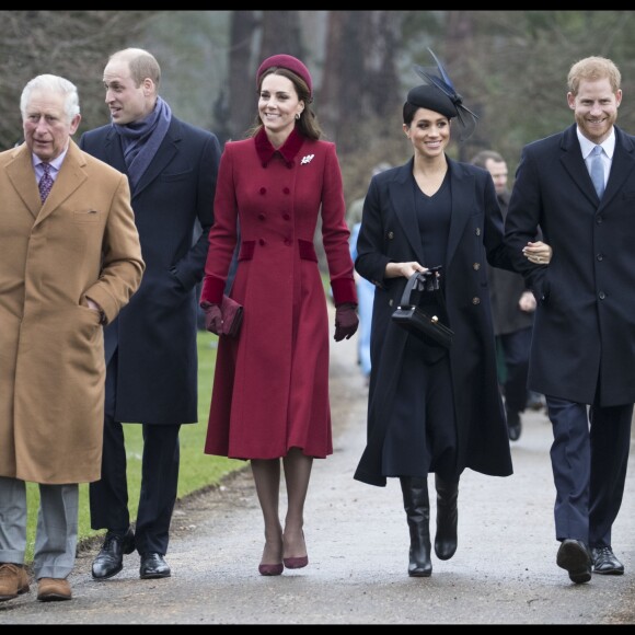 Le prince William et son épouse Kate Middleton, le prince Harry et son épouse Meghan Markle, réunis avec le prince Charles pour Noël à Sandringham, dans le Norfolk, le 25 décembre 2018.