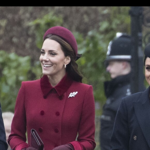 Le prince William et son épouse Kate Middleton, le prince Harry et son épouse Meghan Markle, réunis avec le prince Charles pour Noël à Sandringham, dans le Norfolk, le 25 décembre 2018.