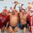 Christian Estrosi, le maire de Nice, a participé au 74ème traditionnel bain de Noel à Nice, le 16 décembre 2018. Avec un ciel gris et pluvieux et une température de l'eau à 17 degrés, une cinquantaine de nageurs se sont jetés à l'eau dans la Baie des Anges alors que la température extèrieure était de 9 degrés. © Bruno Bebert/Bestimage