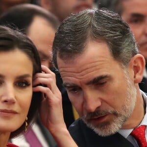 Le roi Felipe VI et la reine Letizia d'Espagne, en présence également du roi Juan Carlos, de la reine Sofia, de l'infante Elena et de l'infante Pilar, présidaient à la cérémonie des Prix nationaux du sport espagnol le 10 janvier 2019 au palais du Pardo, à Madrid.