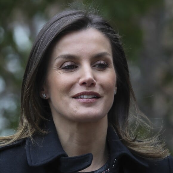 La reine Letizia d'Espagne arrivant le 17 janvier 2019 pour sa réunion de travail avec le comité exécutif de la Fédérations des maladies rares (FEDER) à Madrid.