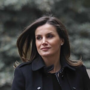 La reine Letizia d'Espagne arrivant le 17 janvier 2019 pour sa réunion de travail avec le comité exécutif de la Fédérations des maladies rares (FEDER) à Madrid.