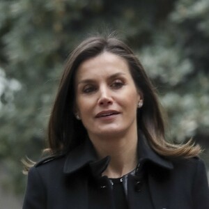 La reine Letizia d'Espagne arrivant le 17 janvier 2019 pour sa réunion de travail avec le comité exécutif de la Fédérations des maladies rares (FEDER) à Madrid.