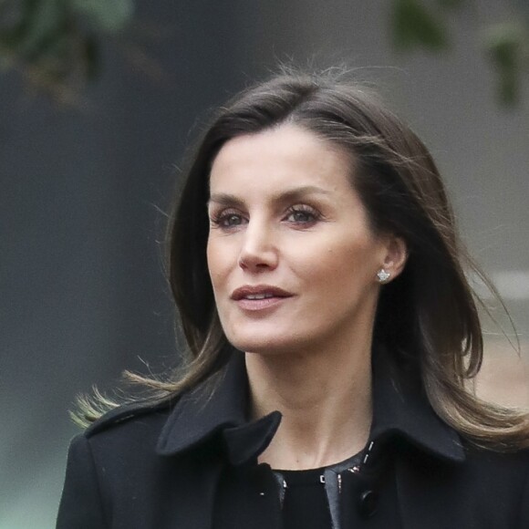 La reine Letizia d'Espagne arrivant le 17 janvier 2019 pour sa réunion de travail avec le comité exécutif de la Fédérations des maladies rares (FEDER) à Madrid.