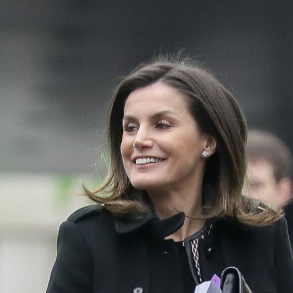 La reine Letizia d'Espagne arrivant le 17 janvier 2019 pour sa réunion de travail avec le comité exécutif de la Fédérations des maladies rares (FEDER) à Madrid.