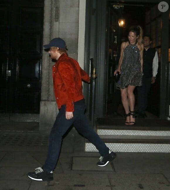 Ed Sheeran et sa fiancée Cherry Seaborn lors d'un dîner dans le restaurant indien Gymkhana après les 38ème Brit Awards à Londres, le 21 février 2018.