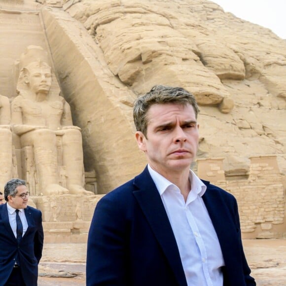 Le président de la République française Emmanuel Macron, son épouse la première dame Brigitte Macron, le ministre de la Culture Franck Riester et le ministre de l'Europe et des Affaires Etrangères Jean-Yves Le Drian visitent le temple au temple d'Abou Simbel – Le couple présidentiel entame sa vitie de trois jours en Egypte, le dimanche 27 janvier 2019 © Eliot Blondet/Pool/Bestimage