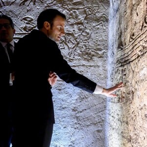 Le président de la République française Emmanuel Macron, son épouse la première dame Brigitte Macron, le ministre de la Culture Franck Riester et le ministre de l'Europe et des Affaires Etrangères Jean-Yves Le Drian visitent le temple au temple d'Abou Simbel – Le couple présidentiel entame sa vitie de trois jours en Egypte, le dimanche 27 janvier 2019 © Eliot Blondet/Pool/Bestimage