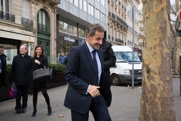 Exclusif - Véronique Waché, conseillère au cabinet de Nicolas Sarkozy , Michel Gaudin, directeur du cabinet de Nicolas Sarkozy - Nicolas Sarkozy déjeune à la Maison Noura le jour de son anniversaire (64 ans) à Paris avec ses plus proches collaborateurs le 28 janvier 2019.
