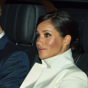 Le prince Harry, duc de Sussex, et Meghan Markle, duchesse de Sussex, enceinte, arrivent au musée d'histoire naturelle pour assister à la soirée de gala The Wider Earth à Londres le 12 février 2019.